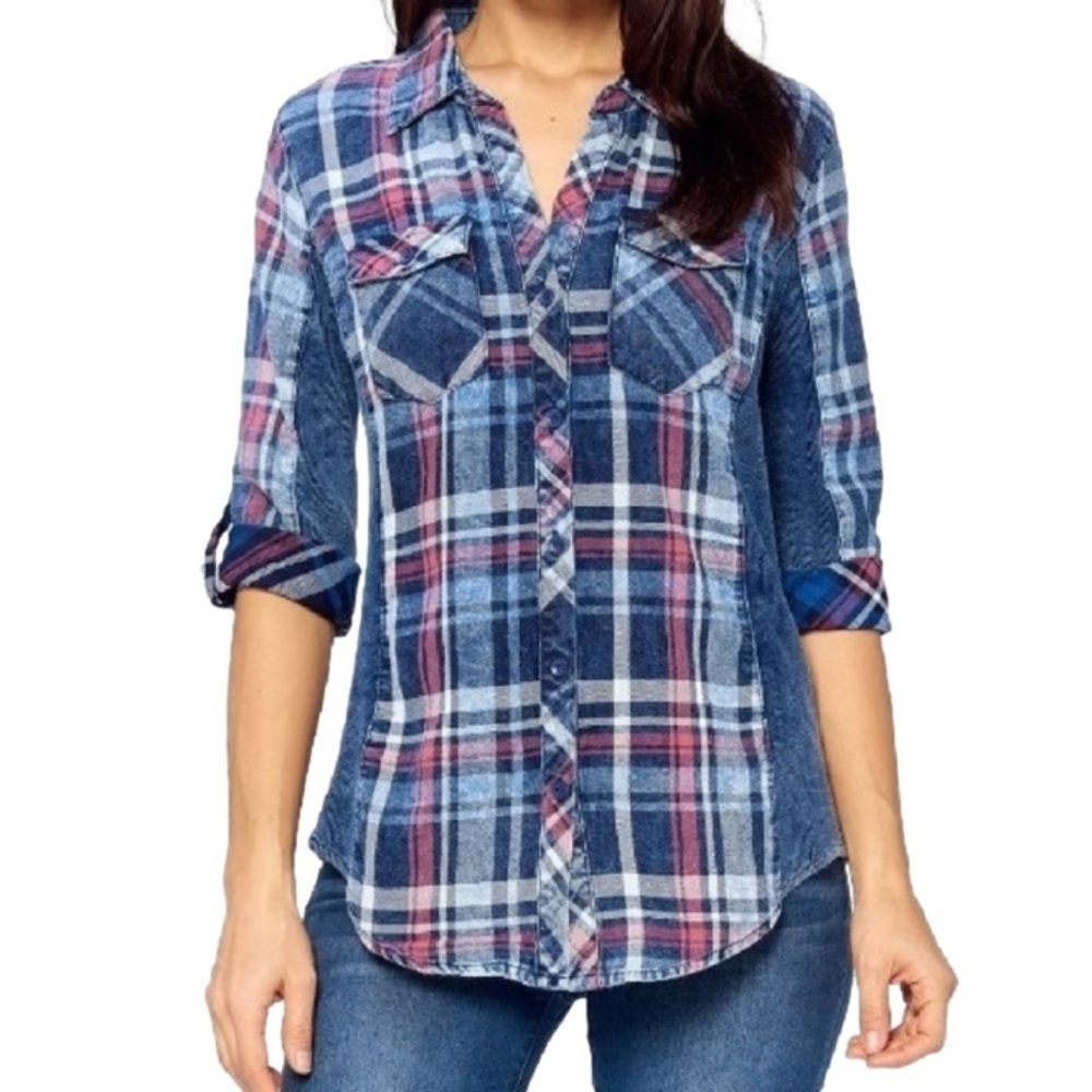 CI SONO Flannel Shirt Button Down 3/4 Sleeve Plaid Blue/Red/White Women Size M
